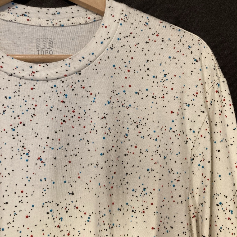 TOPO DESIGNS Long Sleeve Crewneck Shirt Men L White Paint Splatter Micro Dot